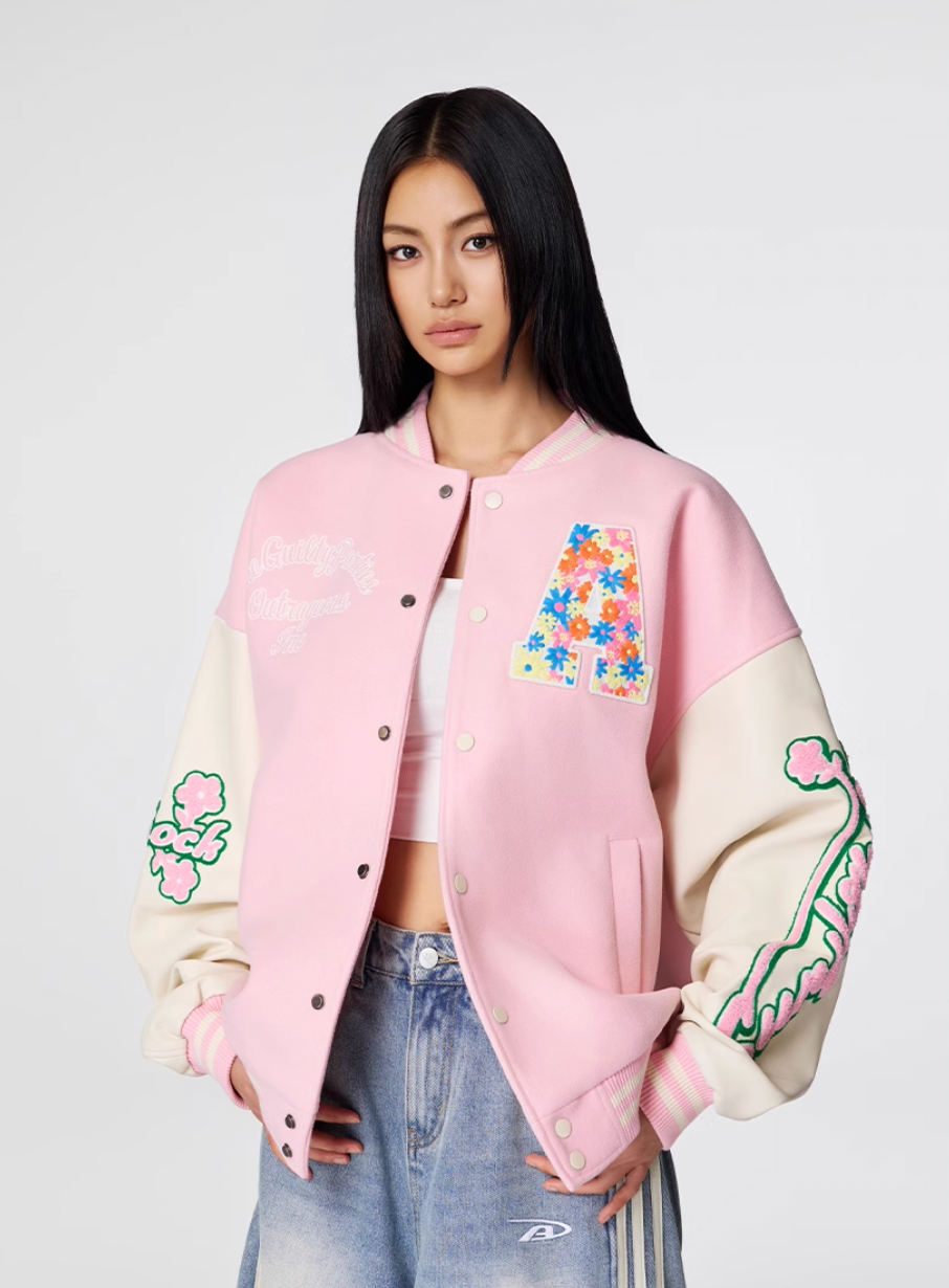 Racer varsity jacket | Achock Colorful Flower Logo Embroidery Varsity Jacket | Face 3 Face