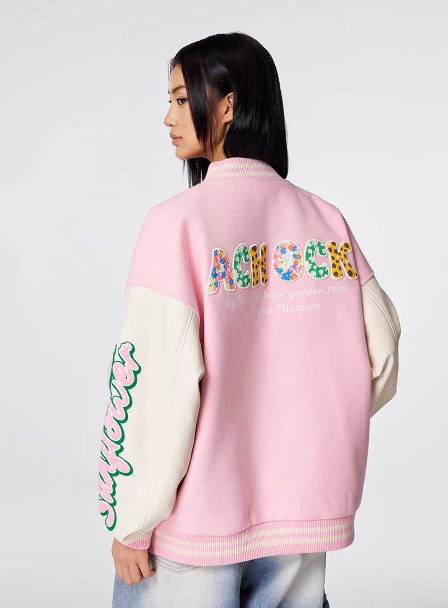 Racer varsity jacket | Achock Colorful Flower Logo Embroidery Varsity Jacket | Face 3 Face