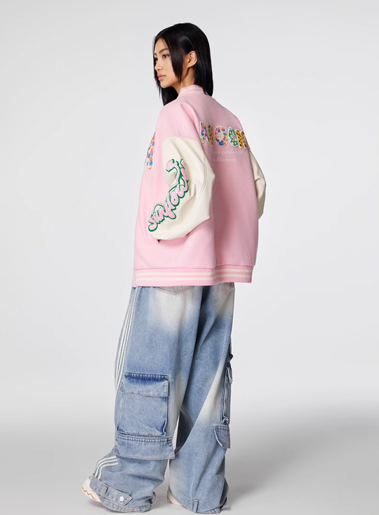 Racer varsity jacket | Achock Colorful Flower Logo Embroidery Varsity Jacket | Face 3 Face