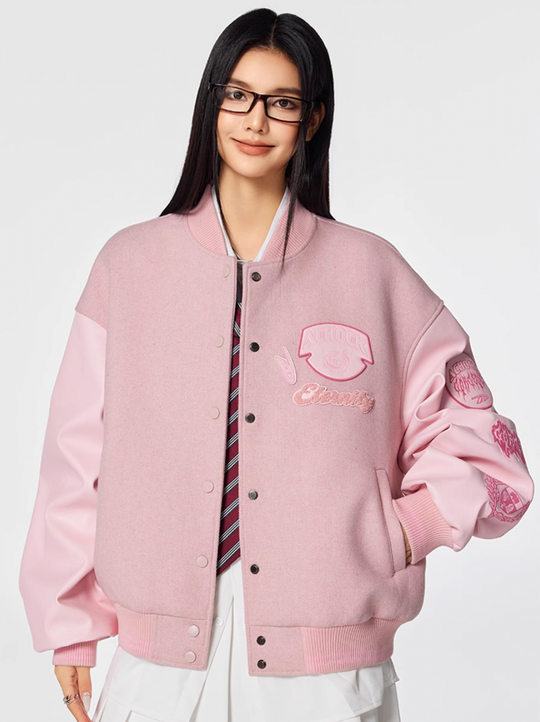 Achock Pink Multi Embroidery Varsity Jacket | Face 3 Face