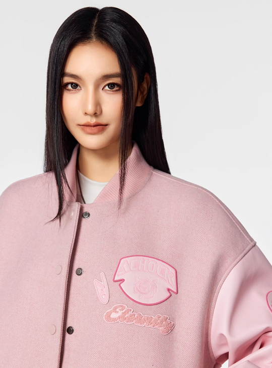 Achock Pink Multi Embroidery Varsity Jacket | Face 3 Face