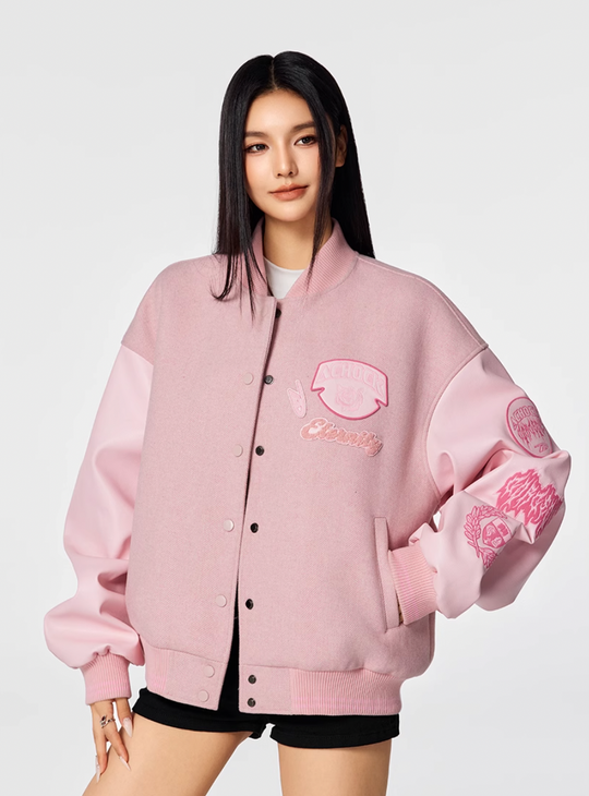 Achock Pink Multi Embroidery Varsity Jacket | Face 3 Face
