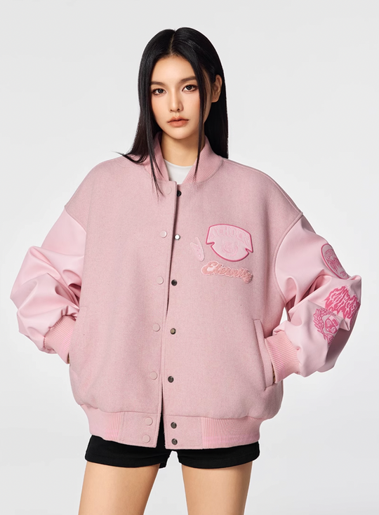 Achock Pink Multi Embroidery Varsity Jacket | Face 3 Face