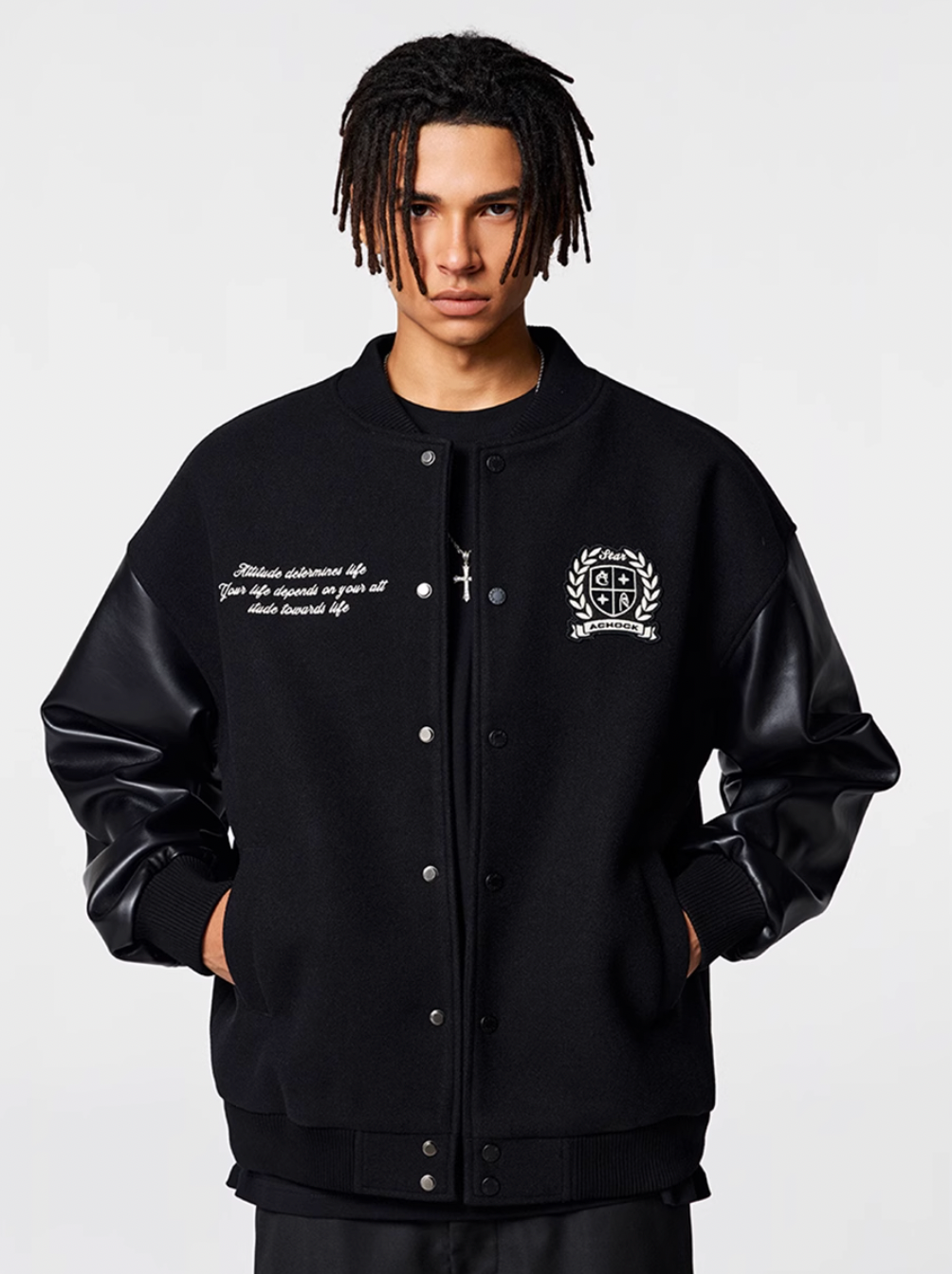Racer varsity jacket | Achock Basic Logo Embroidery Black Varsity Jacket | Face 3 Face