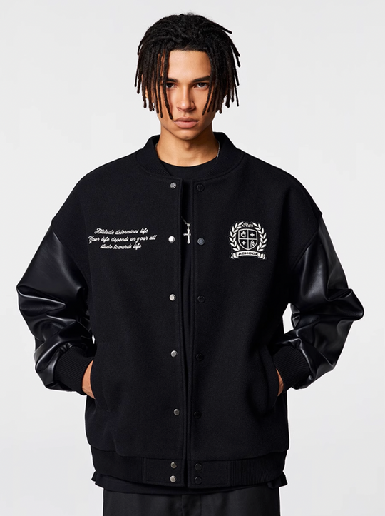 Racer varsity jacket | Achock Basic Logo Embroidery Black Varsity Jacket | Face 3 Face