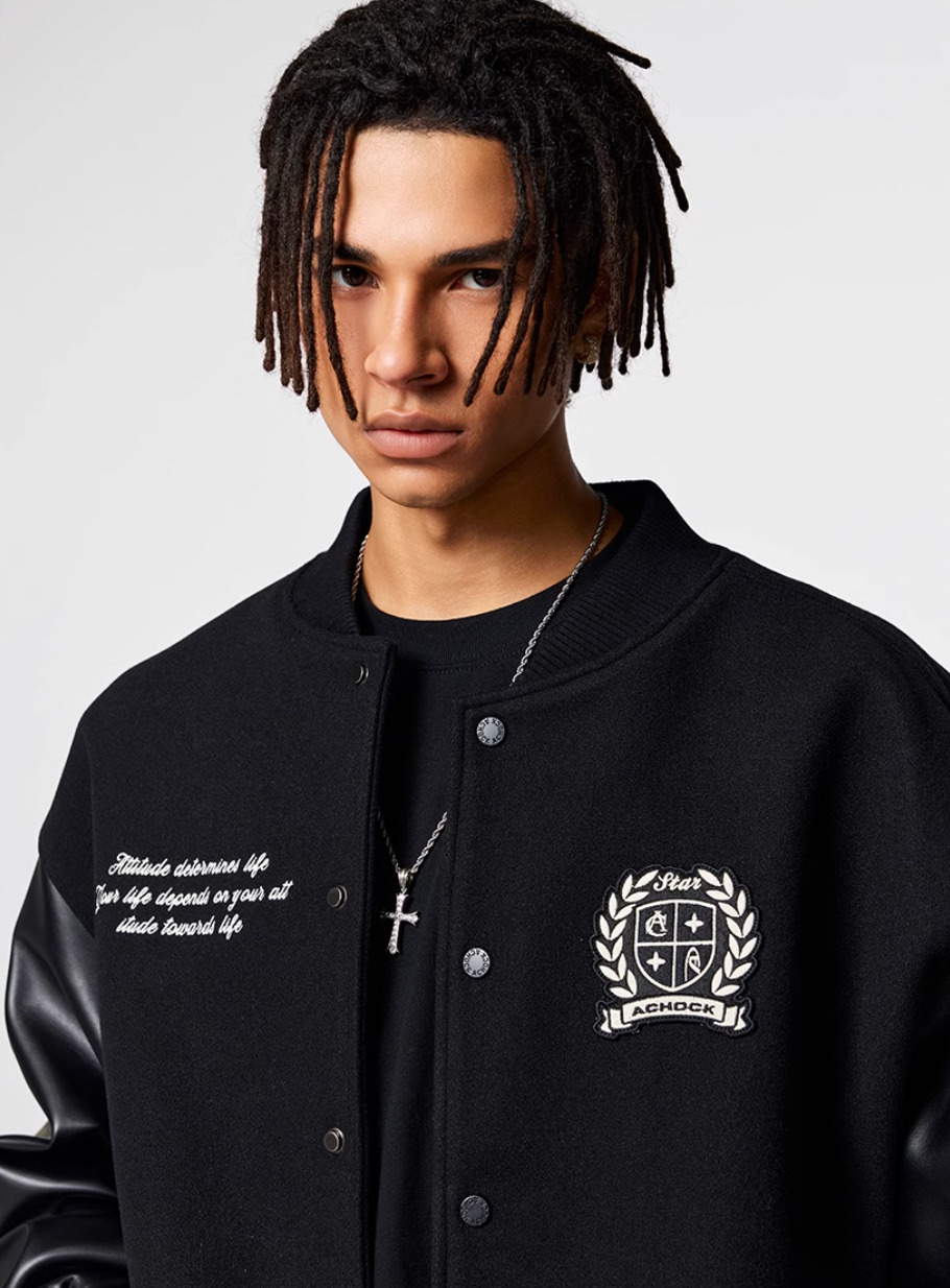 Racer varsity jacket | Achock Basic Logo Embroidery Black Varsity Jacket | Face 3 Face