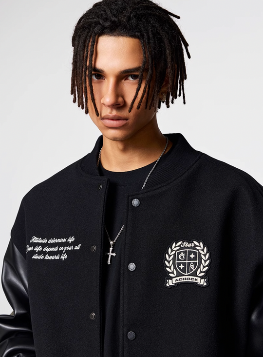 Racer varsity jacket | Achock Basic Logo Embroidery Black Varsity Jacket | Face 3 Face