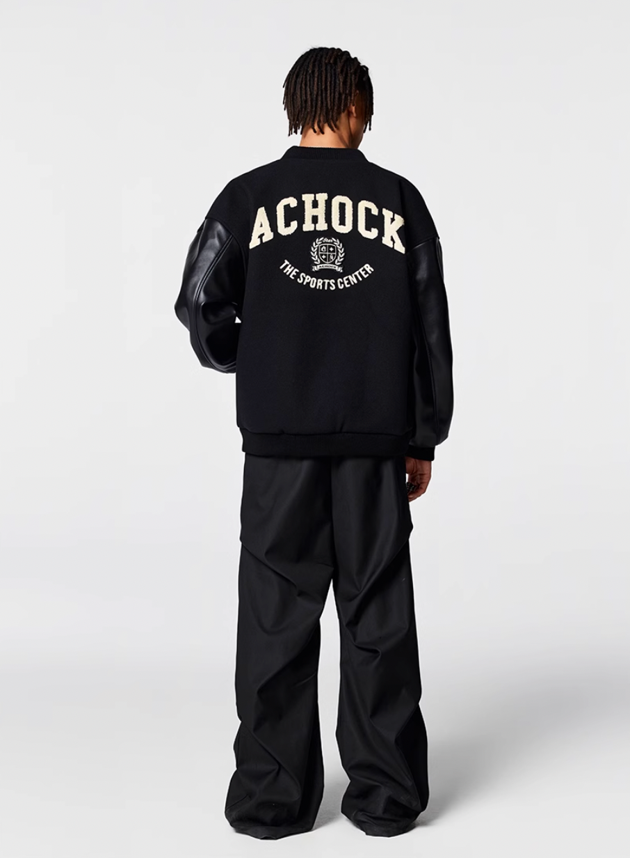 Racer varsity jacket | Achock Basic Logo Embroidery Black Varsity Jacket | Face 3 Face