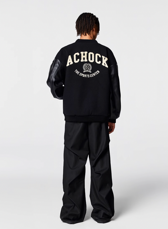 Racer varsity jacket | Achock Basic Logo Embroidery Black Varsity Jacket | Face 3 Face