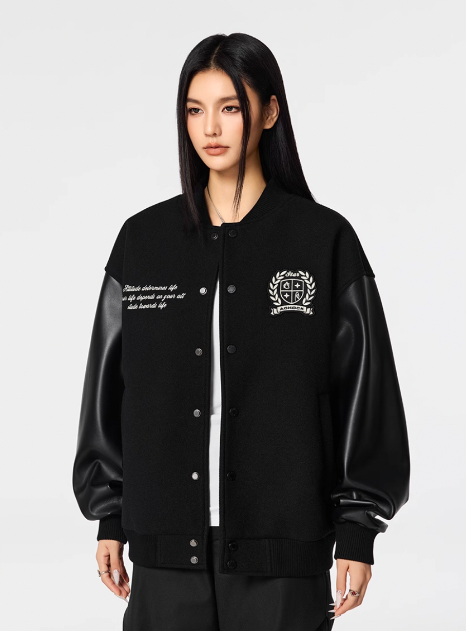 Racer varsity jacket | Achock Basic Logo Embroidery Black Varsity Jacket | Face 3 Face