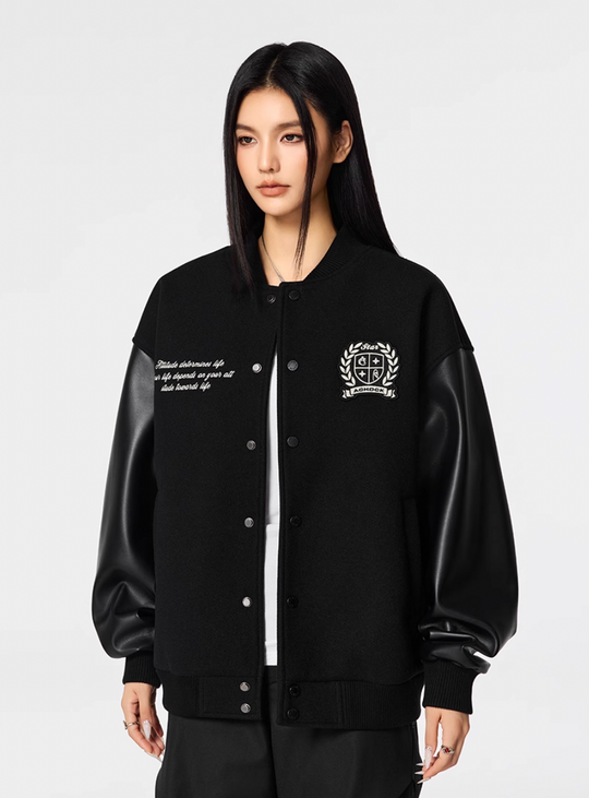 Racer varsity jacket | Achock Basic Logo Embroidery Black Varsity Jacket | Face 3 Face
