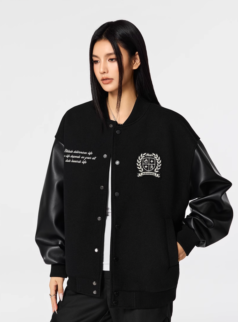 Racer varsity jacket | Achock Basic Logo Embroidery Black Varsity Jacket | Face 3 Face