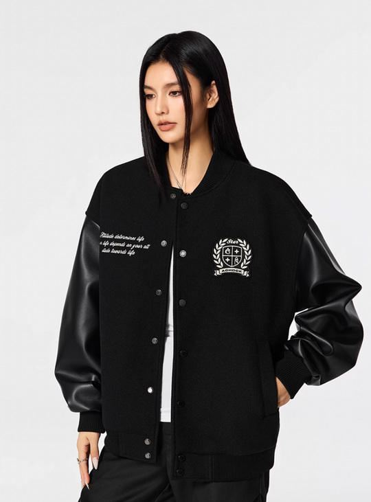 Racer varsity jacket | Achock Basic Logo Embroidery Black Varsity Jacket | Face 3 Face