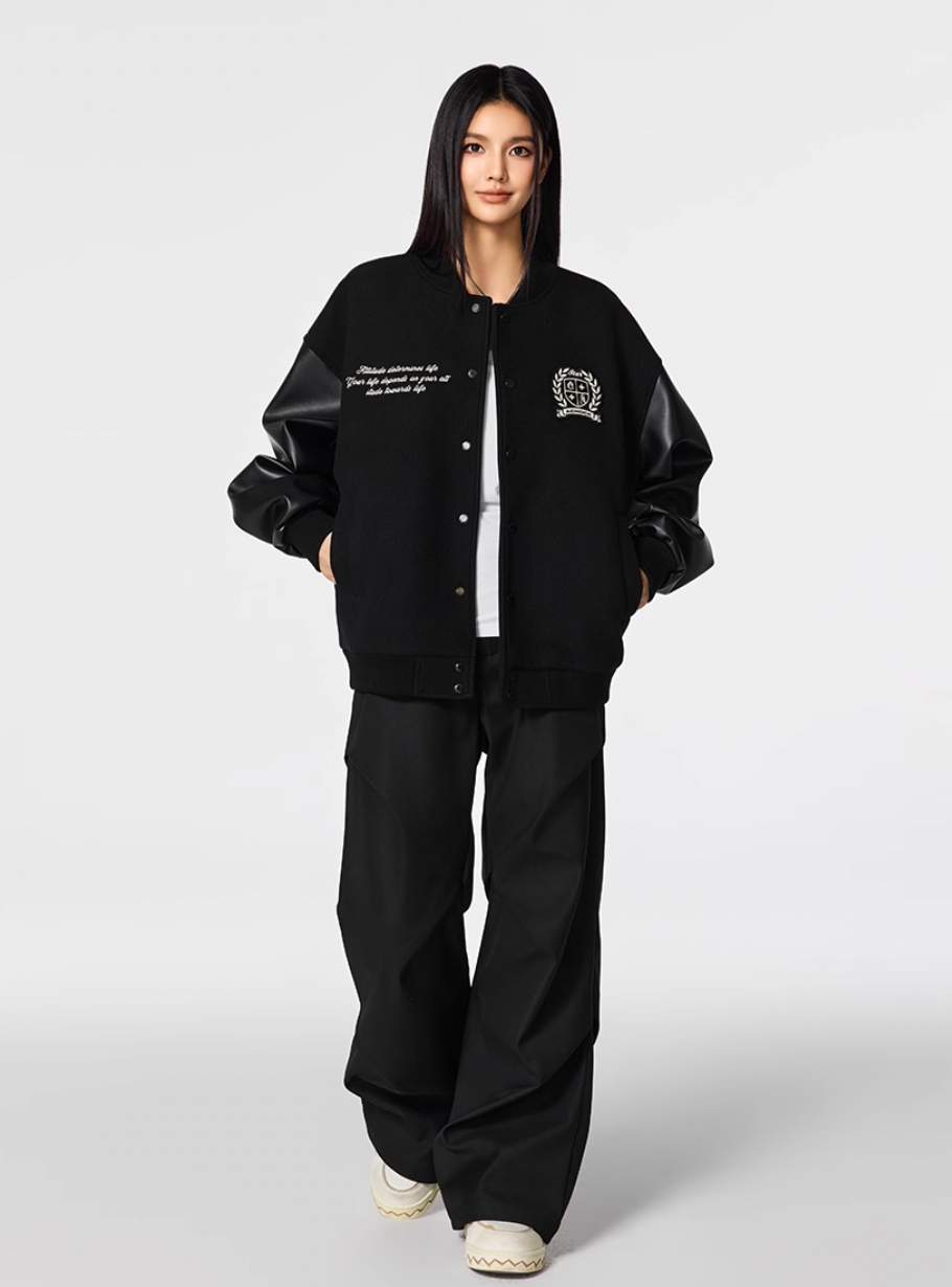 Racer varsity jacket | Achock Basic Logo Embroidery Black Varsity Jacket | Face 3 Face