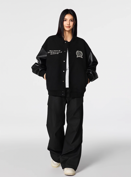 Racer varsity jacket | Achock Basic Logo Embroidery Black Varsity Jacket | Face 3 Face