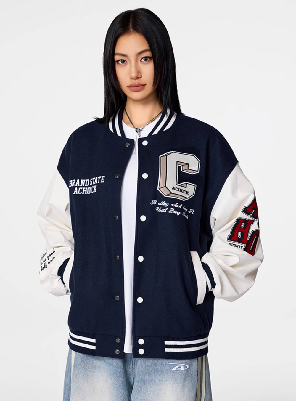 Racer varsity jacket | Achock College Embroidery Navy Blue Varsity Jacket | Face 3 Face
