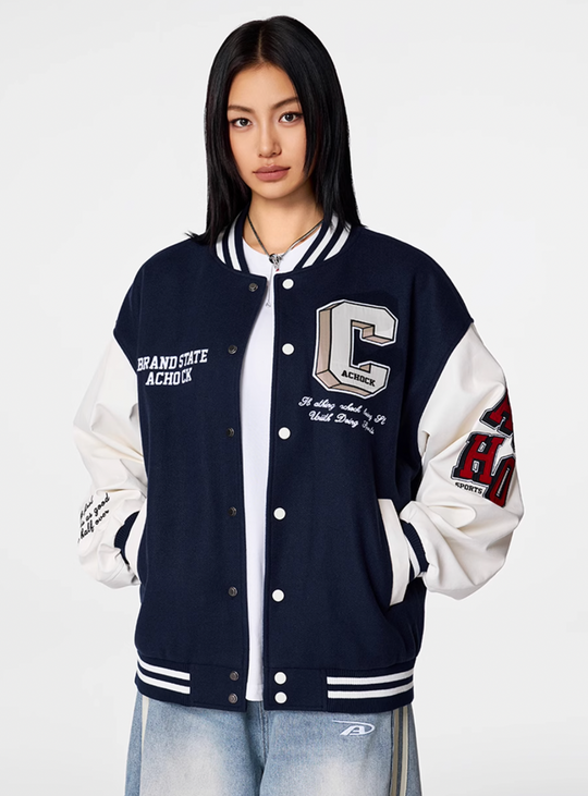 Racer varsity jacket | Achock College Embroidery Navy Blue Varsity Jacket | Face 3 Face