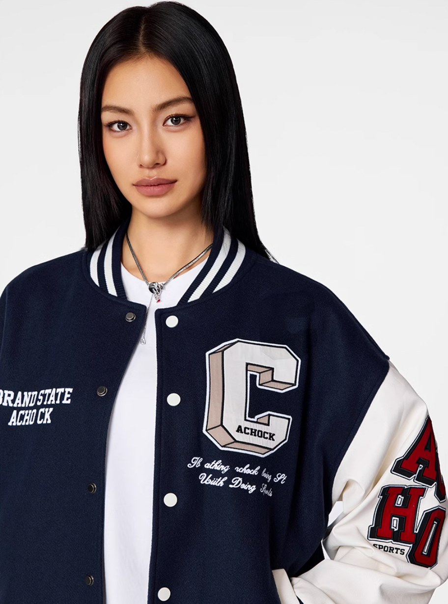 Racer varsity jacket | Achock College Embroidery Navy Blue Varsity Jacket | Face 3 Face