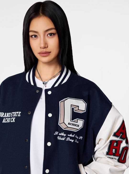Racer varsity jacket | Achock College Embroidery Navy Blue Varsity Jacket | Face 3 Face