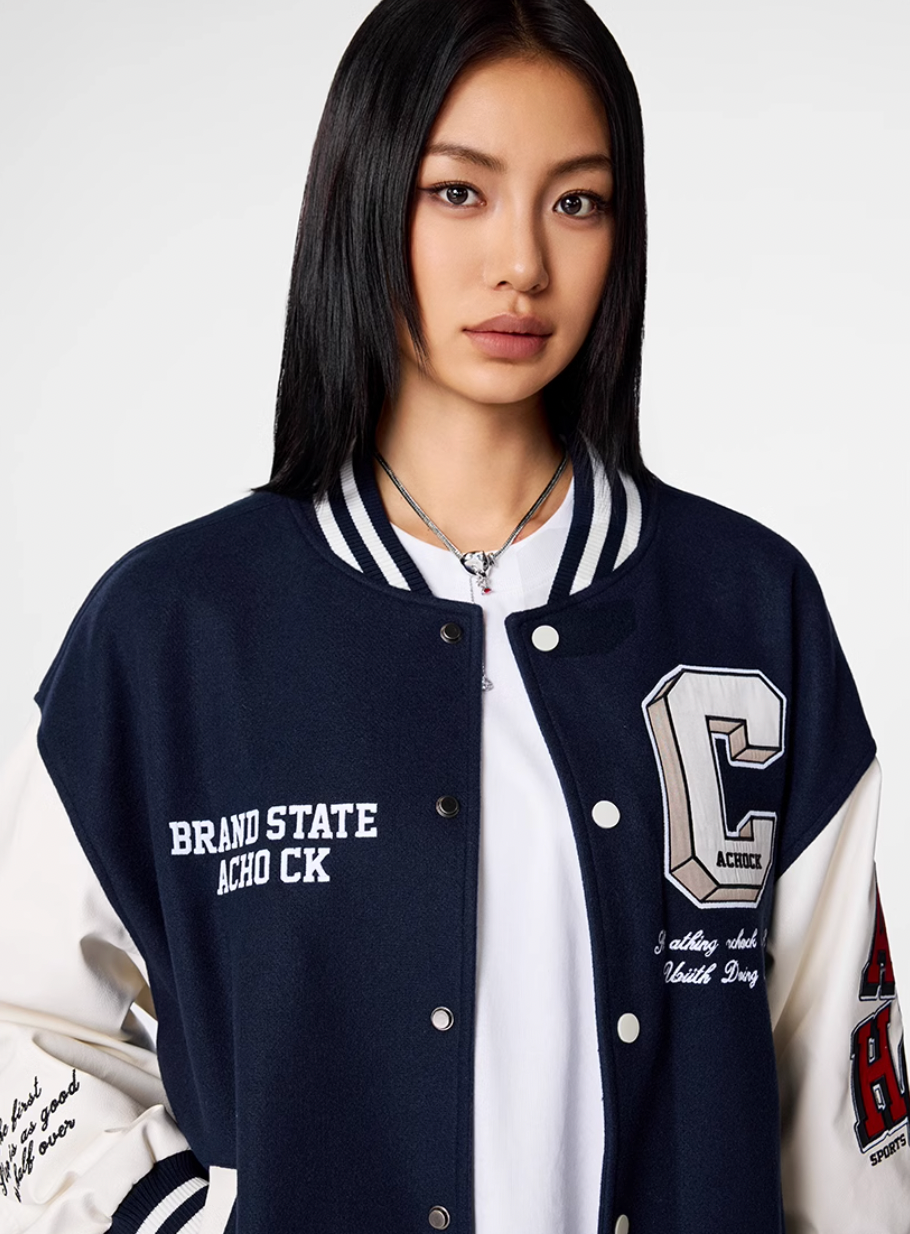 Racer varsity jacket | Achock College Embroidery Navy Blue Varsity Jacket | Face 3 Face