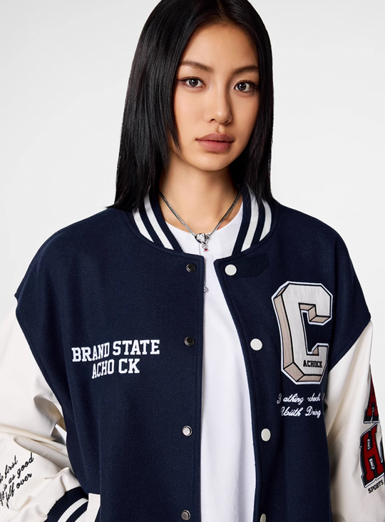 Racer varsity jacket | Achock College Embroidery Navy Blue Varsity Jacket | Face 3 Face