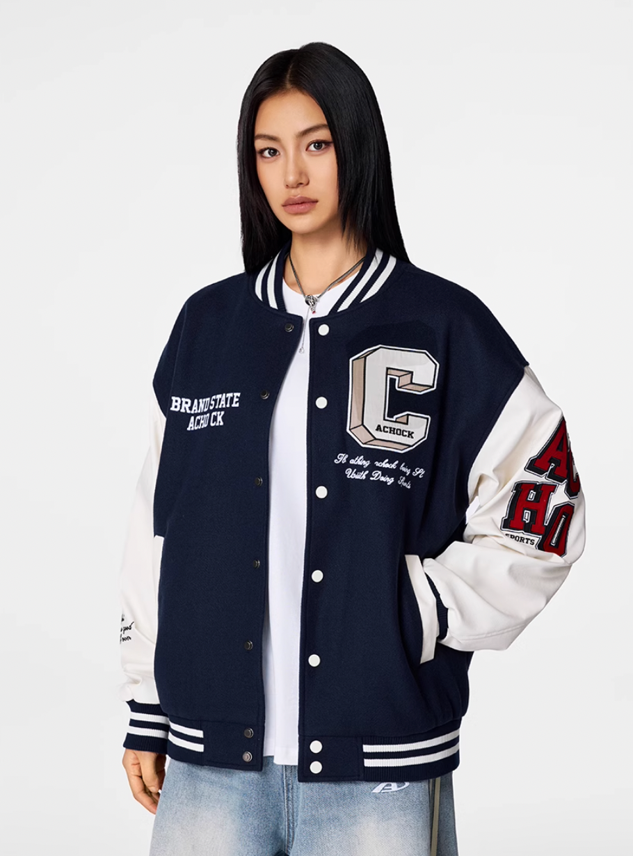 Racer varsity jacket | Achock College Embroidery Navy Blue Varsity Jacket | Face 3 Face