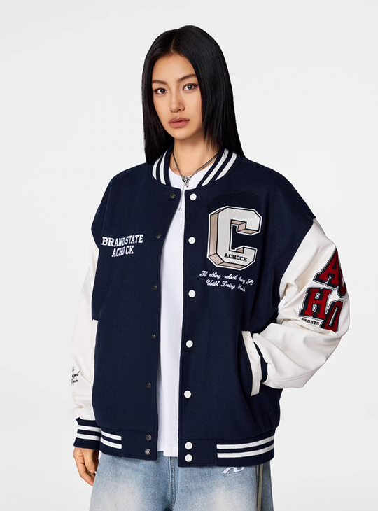 Racer varsity jacket | Achock College Embroidery Navy Blue Varsity Jacket | Face 3 Face
