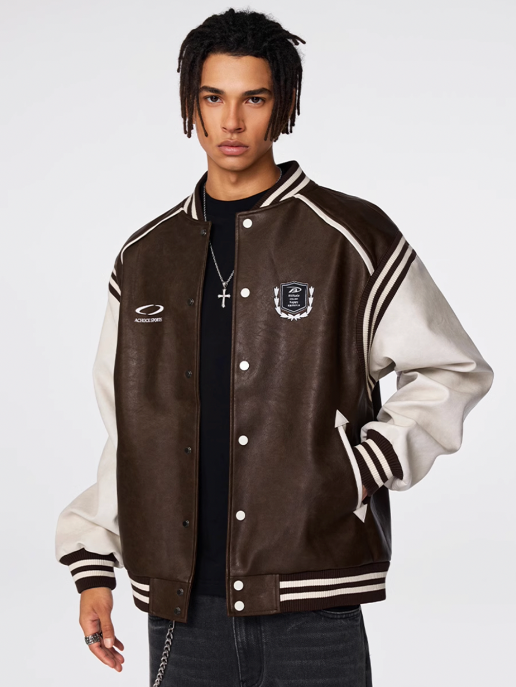 Racer varsity jacket | Achock Color Blocking PU Leather Varsity Jacket | Face 3 Face
