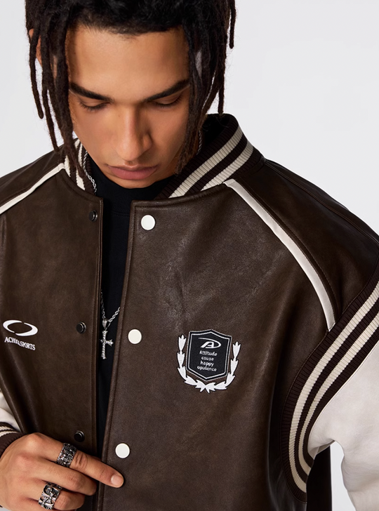 Racer varsity jacket | Achock Color Blocking PU Leather Varsity Jacket | Face 3 Face