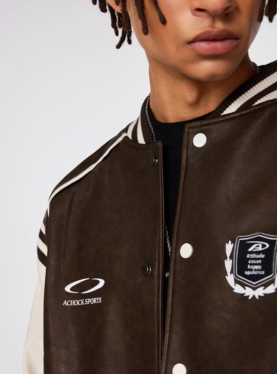 Racer varsity jacket | Achock Color Blocking PU Leather Varsity Jacket | Face 3 Face