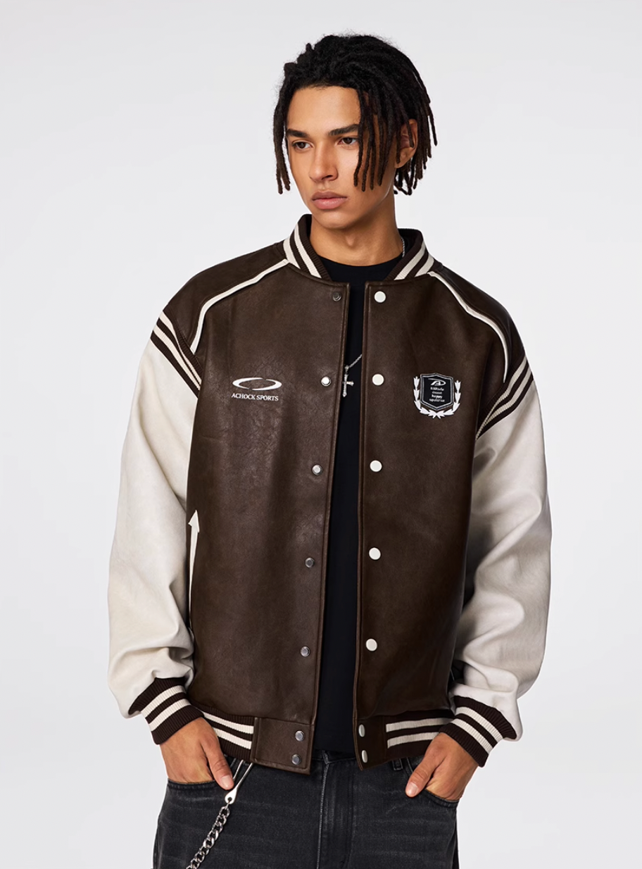 Racer varsity jacket | Achock Color Blocking PU Leather Varsity Jacket | Face 3 Face