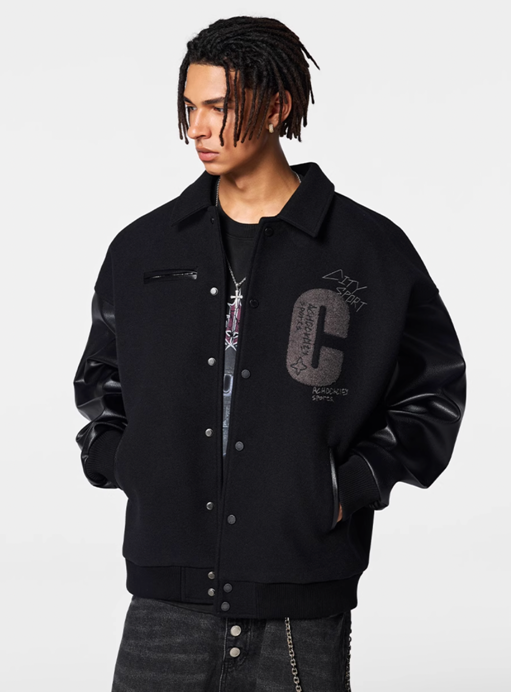 Achock Patch Embroidery Black Varsity Jacket | Face 3 Face