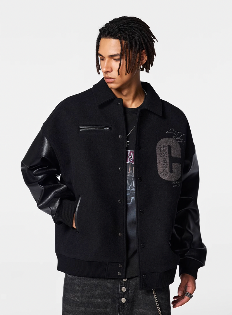 Achock Patch Embroidery Black Varsity Jacket | Face 3 Face