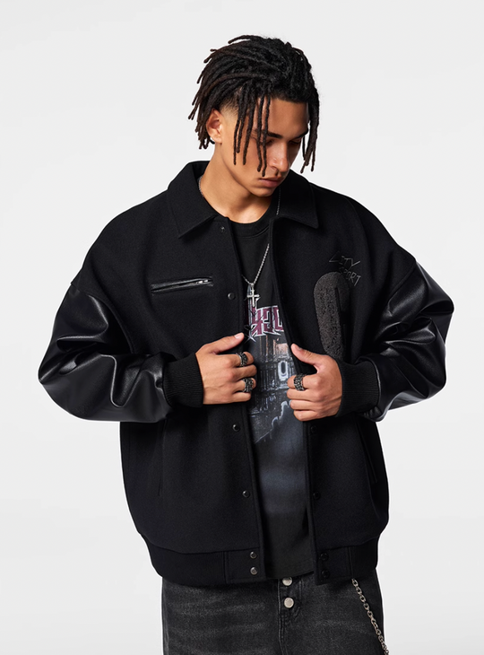 Achock Patch Embroidery Black Varsity Jacket | Face 3 Face