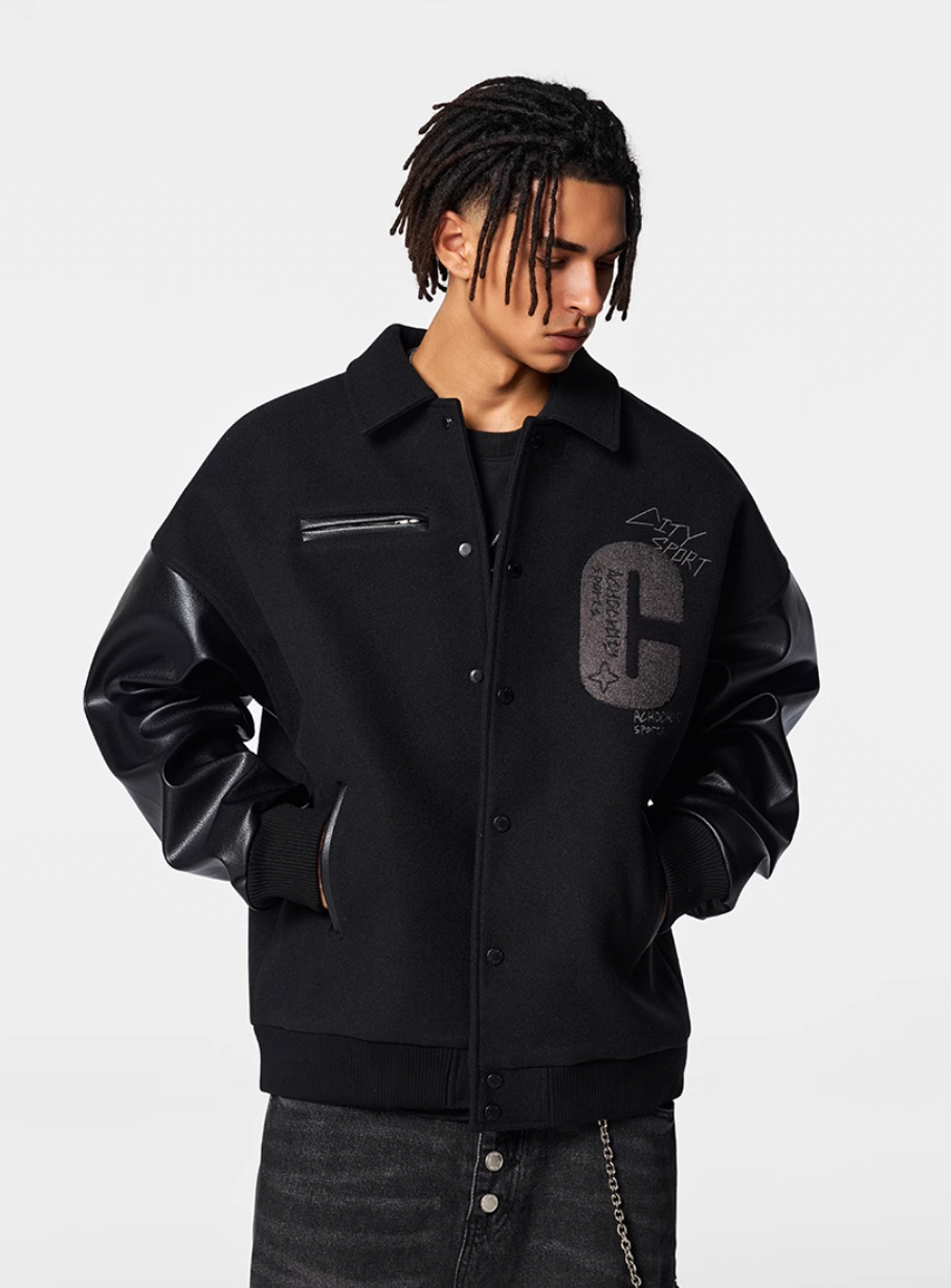 Achock Patch Embroidery Black Varsity Jacket | Face 3 Face