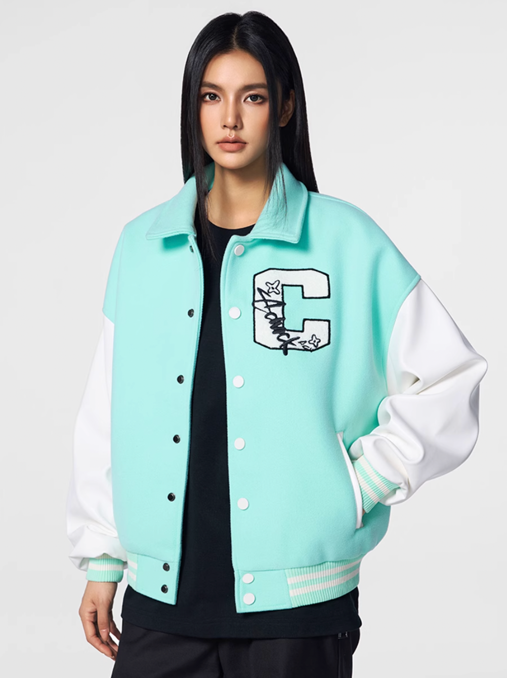Achock Basic C Logo Color Blocking Varsity Jacket | Face 3 Face