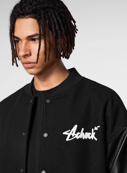 Racer varsity jacket | Achock Graffiti Logo Embroidery PU Leather Varsity Jacket | Face 3 Face