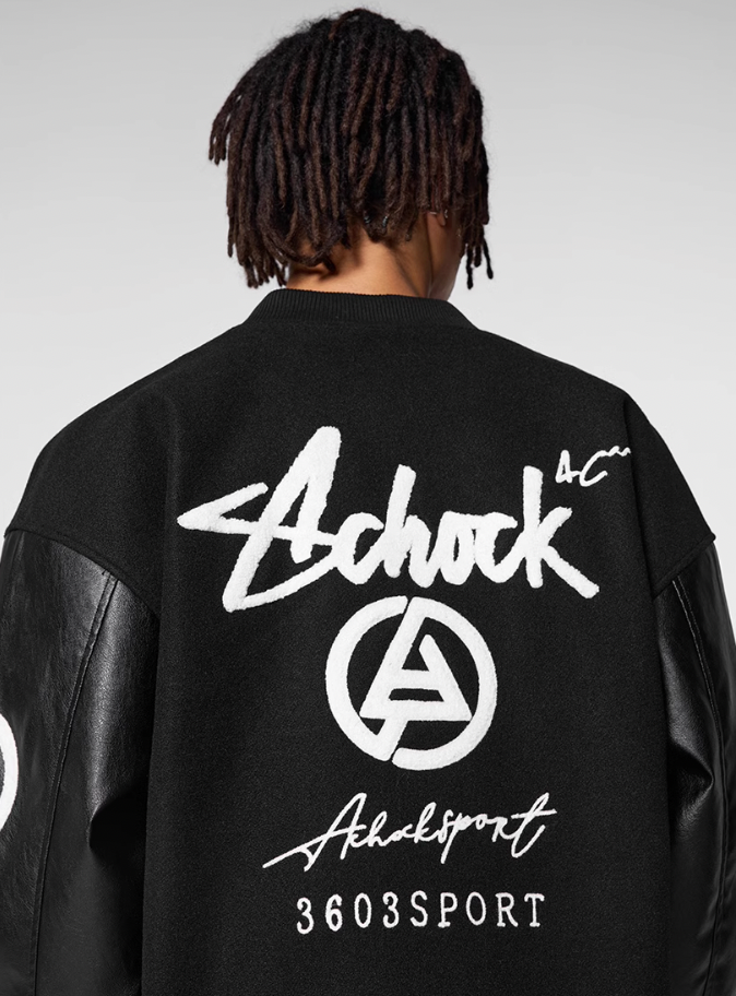 Racer varsity jacket | Achock Graffiti Logo Embroidery PU Leather Varsity Jacket | Face 3 Face