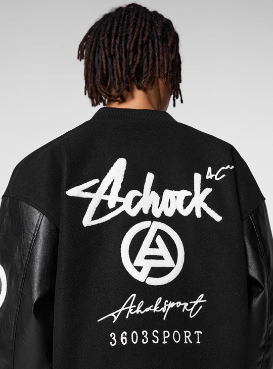 Racer varsity jacket | Achock Graffiti Logo Embroidery PU Leather Varsity Jacket | Face 3 Face