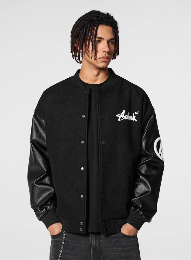 Racer varsity jacket | Achock Graffiti Logo Embroidery PU Leather Varsity Jacket | Face 3 Face