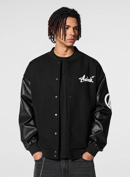 Racer varsity jacket | Achock Graffiti Logo Embroidery PU Leather Varsity Jacket | Face 3 Face