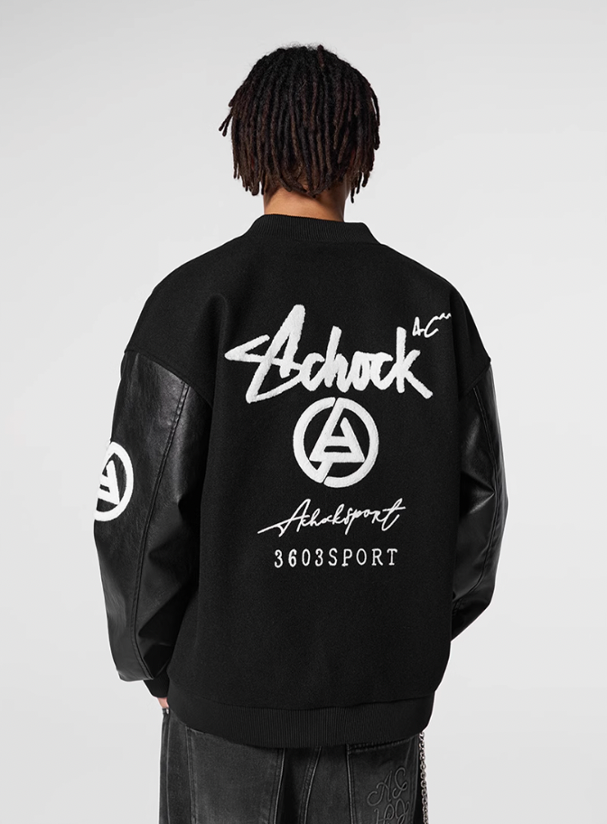 Racer varsity jacket | Achock Graffiti Logo Embroidery PU Leather Varsity Jacket | Face 3 Face