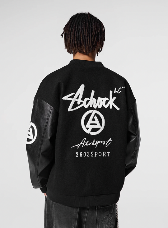 Racer varsity jacket | Achock Graffiti Logo Embroidery PU Leather Varsity Jacket | Face 3 Face