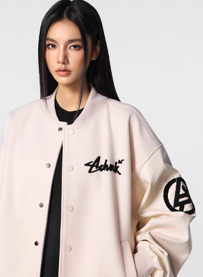 Racer varsity jacket | Achock Graffiti Logo Embroidery PU Leather Varsity Jacket | Face 3 Face