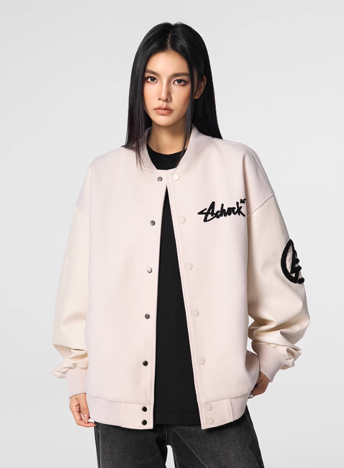 Racer varsity jacket | Achock Graffiti Logo Embroidery PU Leather Varsity Jacket | Face 3 Face