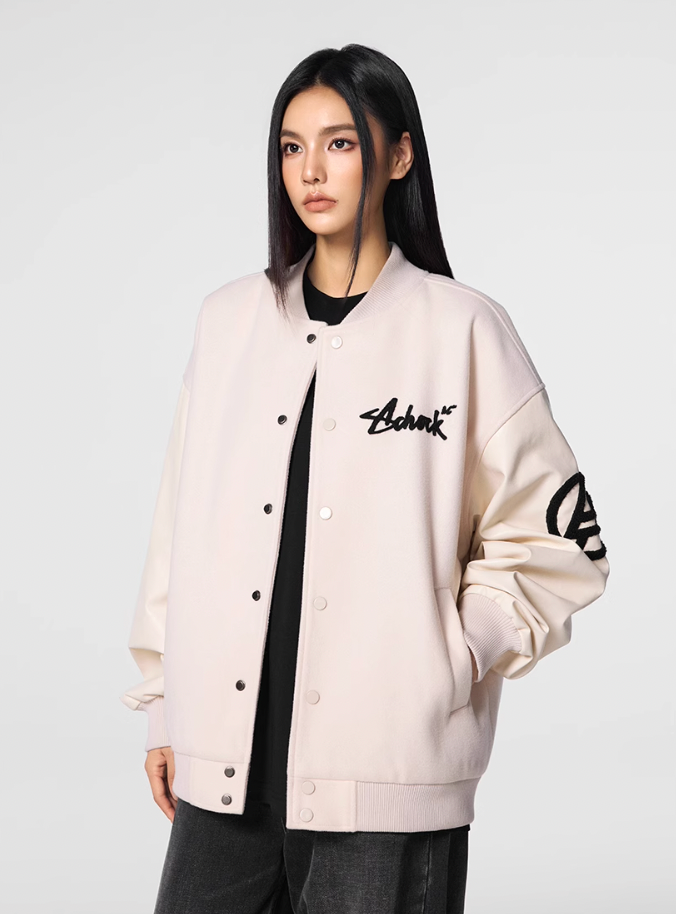 Racer varsity jacket | Achock Graffiti Logo Embroidery PU Leather Varsity Jacket | Face 3 Face