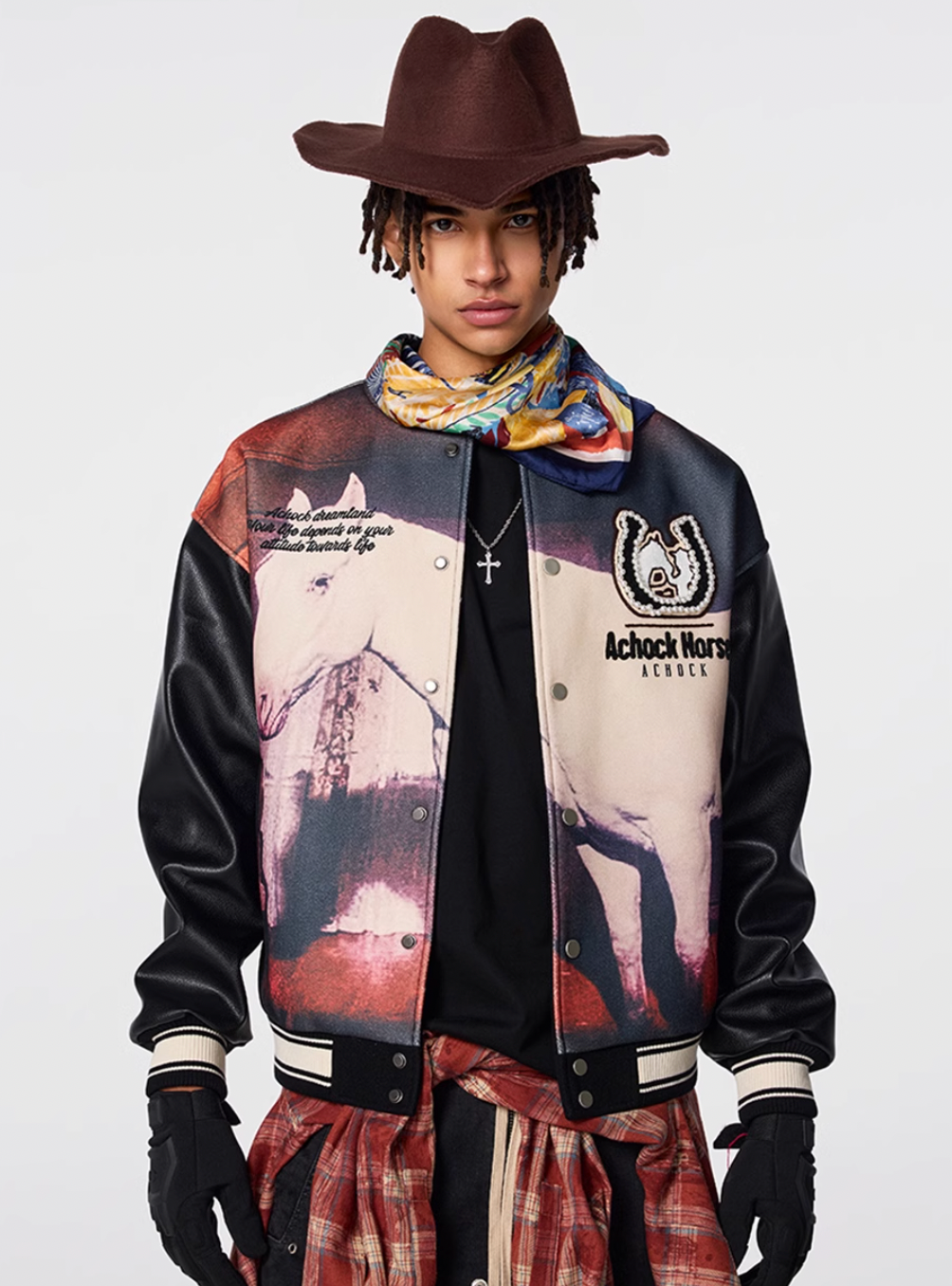 Achock Western Cowboy Full Print PU Leather Varsity Jacket | Face 3 Face