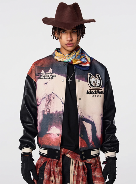 Achock Western Cowboy Full Print PU Leather Varsity Jacket | Face 3 Face