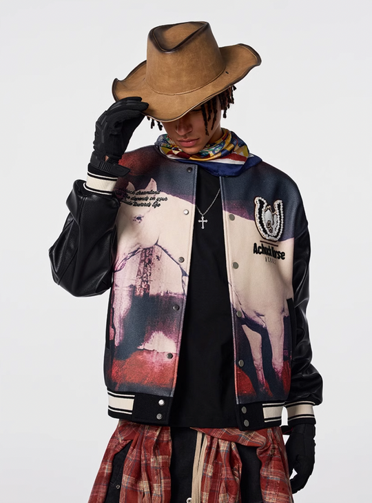 Achock Western Cowboy Full Print PU Leather Varsity Jacket | Face 3 Face
