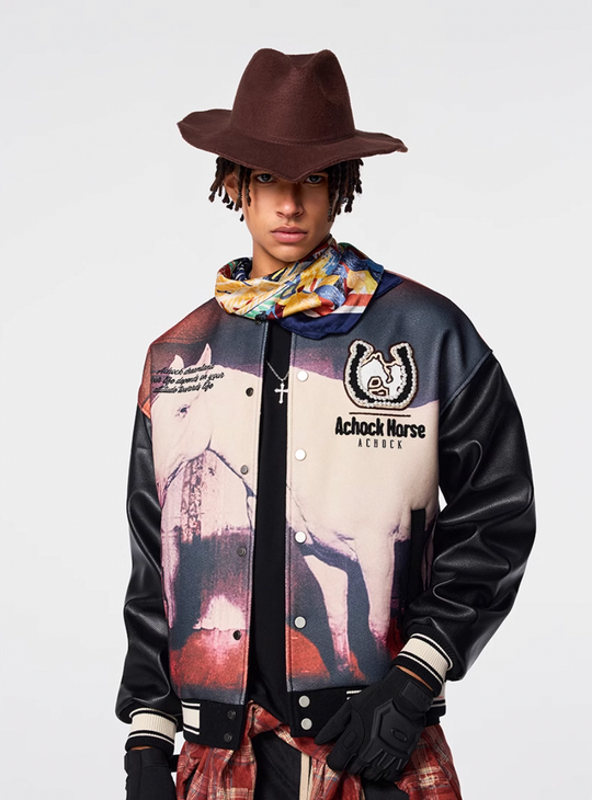 Achock Western Cowboy Full Print PU Leather Varsity Jacket | Face 3 Face